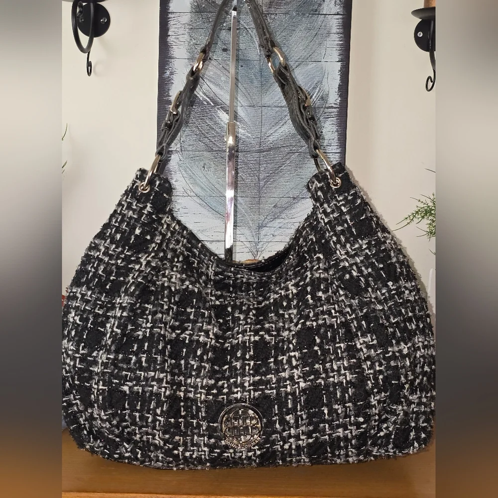 Dana Buchman Hobo. Black And White Tweed With Patent Leather Strap & Bottom EUC